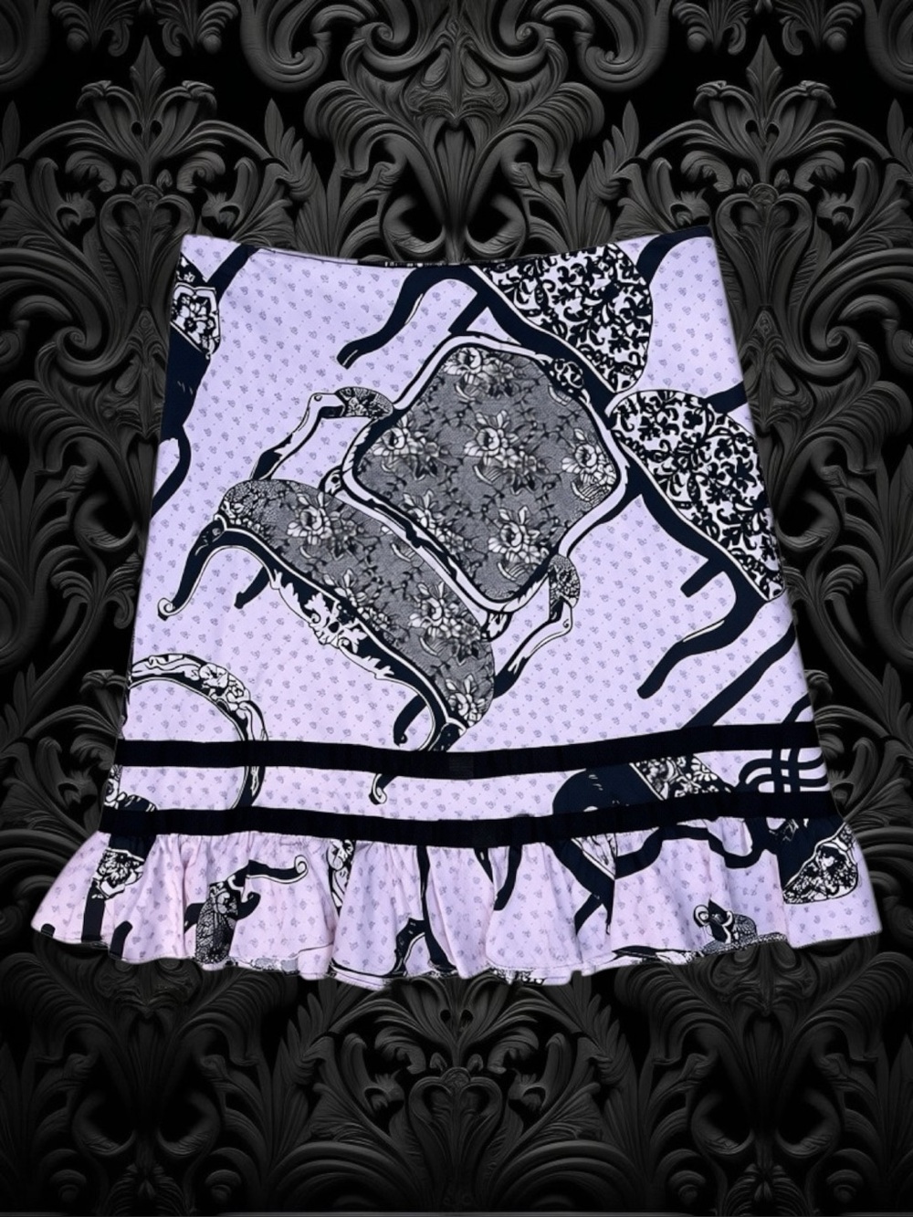 Anthropologie Elevenses Skirt Pink Black Chair Statement Ruffle Hem Coquette 8